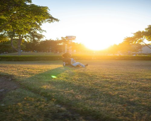 A peaceful person meditating outdoors on grass at sunrise, looking composed.